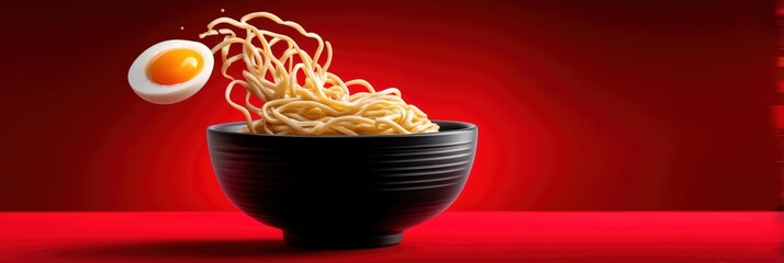 Flying Ramen Noodles and Boiled Egg in a Black Bowl on Red Background