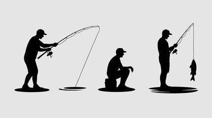 a silhouette illustration depicts stages of fishing from casting to reeling in a fish showcasing a progression of actions high quality professional detailed modern elegant stylish