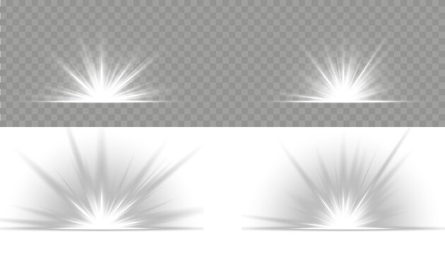 Glow bright light star, white sun rays, bokeh. Bright light explosion of sun rays on a dark background. PNG Sunbeam and Sunshine Glow with Lens Effect. Luxurious design style. Vector illustration.