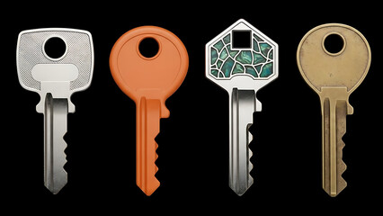 Four keys with unique designs on black background
