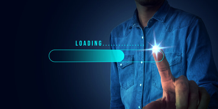 Human Finger Touching Digital Loading Progress Bar Interface technology, innovation, business analysis, user interaction, and modern UI concepts etc.  - Powered by Adobe