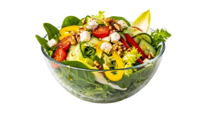 Appetizing fresh garden salad featuring a colorful mix of crisp greens, juicy tomatoes, crunchy cucumbers, savory feta cheese, and wholesome walnuts in a clear glass bowl perfect for
