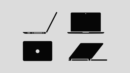a minimalist illustration depicts four different views of a modern laptop showcasing its closed and open states with a dark silhouette against a light background