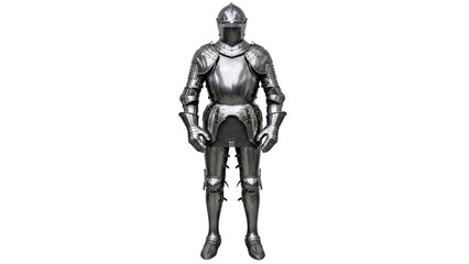 Fototapeta premium Full medieval knight armor suit standing tall, showcasing historical craftsmanship and military strength, perfect for historical content, educational materials, or museum displays
