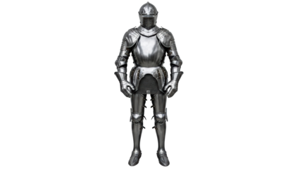 Full medieval knight armor suit standing tall, showcasing historical craftsmanship and military strength, perfect for historical content, educational materials, or museum displays
