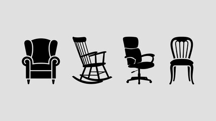 a minimalist grayscale illustration depicts five distinct silhouettes of chairs showcasing various styles and designs in a clean format high quality professional detailed modern elegant stylish