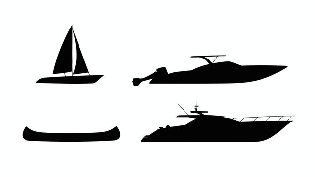 a minimalist depiction showcasing silhouettes of a sailboat a motorboat a canoe and a luxury yacht against a stark white background high quality professional detailed modern