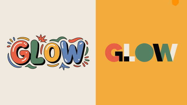 a vibrant illustration displays the word glow in two distinct styles one decorative with flourishes and the other a modern block design high quality professional detailed