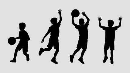 a silhouette illustration depicts four children in various stages of playing basketball showcasing movement and youthful energy against a plain background high quality professional detailed modern