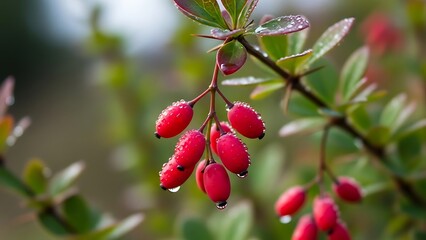 Obraz premium Vibrant red berries adorned with delicate water droplets glisten on a thorny branch, showcasing the fresh beauty of nature after rain
