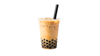 Refreshing bubble tea beverage served in a clear plastic cup with black tapioca pearls and ice cubes, perfect for menus, advertisements, or healthy lifestyle content.