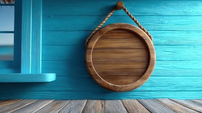 Round Wooden Sign on Blue Wood Wall Mockup