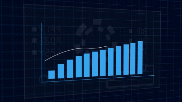 Digital blue bar chart with growing business concept. Hi-tech technology chart with a grid. Camera movement with depth of field. 4K resolution animation.