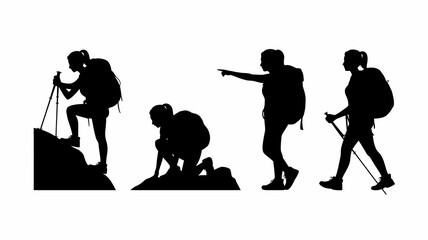 Obraz premium a silhouette depiction of four individuals engaged in a mountainous hiking adventure showcasing varied poses and equipment during their trek high quality professional detailed modern elegant