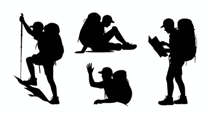 a striking black silhouette illustration depicts diverse individuals engaged in outdoor activities like hiking climbing and resting showcasing a sense of adventure high quality professional detailed © Ultimate