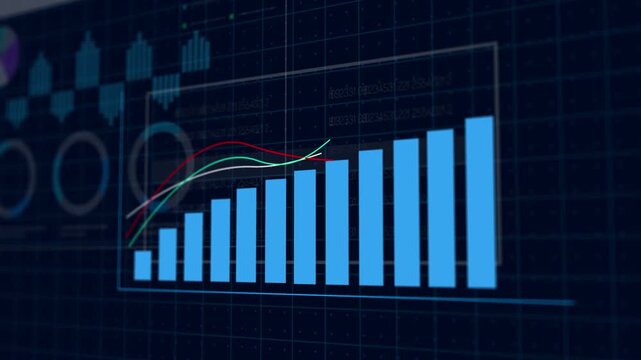 Digital blue bar chart with growing business concept. Hi-tech technology chart with a grid. Camera movement with depth of field. 4K resolution animation.