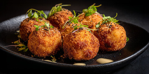 Fried rice croquettes named Suppli in dish on black background