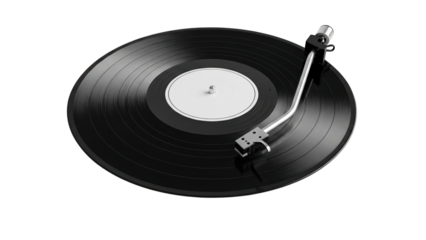 Pristine black vinyl record on a turntable with a sleek metallic tonearm poised to deliver highfidelity audio for music streaming services and analog sound production promotions