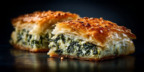 Greek food named Spanakopita on black background