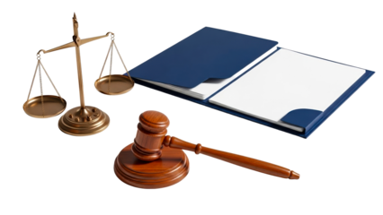 Golden scales of justice, a wooden judges gavel, and a blue legal folder symbolize legal processes, judicial decisions, and official documentation, suitable for law firm advertising, court