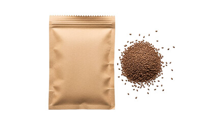 Blank brown kraft paper stand up pouch with natural organic plant seeds for packaging design and product presentation of healthy food and dietary supplements