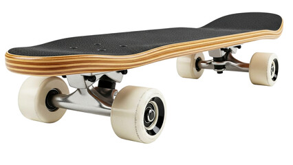 Skateboard with a layered wooden deck, textured black grip tape, sleek metallic trucks, and smooth light wheels, ideal for illustrating urban sports, youth culture, and active lifestyle