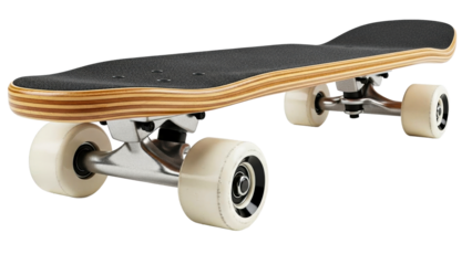 Skateboard with a layered wooden deck, textured black grip tape, sleek metallic trucks, and smooth light wheels, ideal for illustrating urban sports, youth culture, and active lifestyle