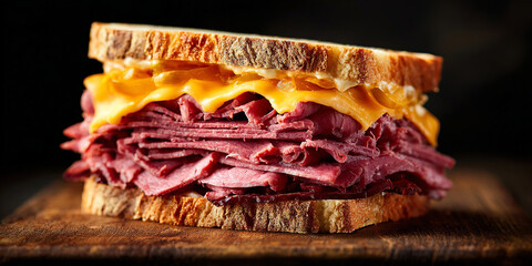 Montreal smoked meat sandwich on black background