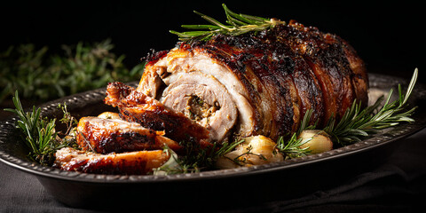 Porchetta in dish on black background