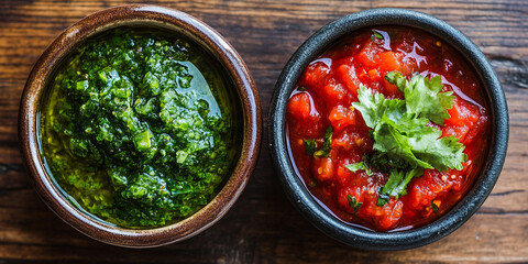 Salsa verde and salsa roja in top view