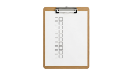 Professional clipboard with a blank white sheet of paper featuring a structured layout of empty checkboxes for task management, survey completion, or project planning applications.