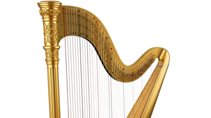 Luxurious golden concert grand harp showcasing its intricately carved pillar and numerous colorful strings, ideal for classical music, orchestral, or elegant event promotion.
