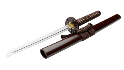 Elegantly crafted traditional Japanese katana sword with its dark wooden scabbard and intricate hilt wrapping, perfect for historical, cultural, and martial arts themed projects
