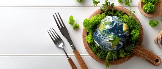 Surreal concept showing earth on plate with fork and knife for world food day and climate change theme with space for text on white background