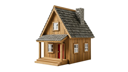 Rustic wooden house model with a dark shingle roof and stone chimney perfect for architectural concepts real estate presentations or cozy home design ideas