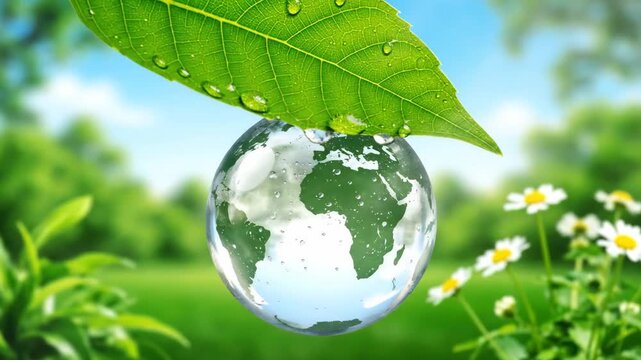 Globe in a Droplet with Green Leaf - A conceptual video shows a droplet shaped like a globe hanging from a green leaf with water droplets.