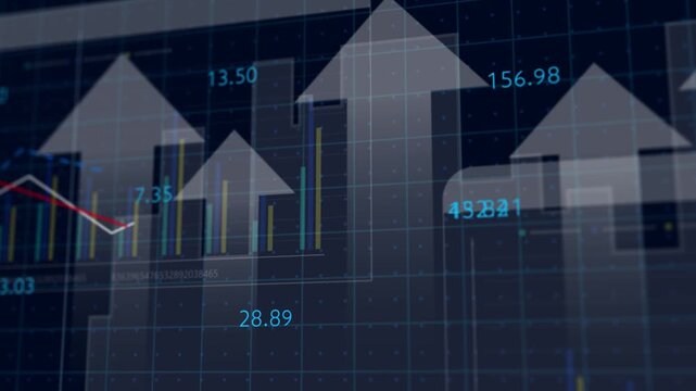 Growing line chart graph - business development competition concept animation. Hi tech charts with grid. Camera movement with depth of field.