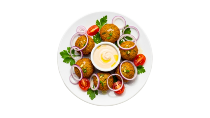 Deliciously prepared falafel served on a white plate with fresh red onion rings, halved cherry tomatoes, and a creamy dipping sauce, ideal for restaurant menus or healthy food blogs.