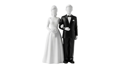 Elegant wedding couple figurines representing a bride in a flowing white gown and a groom in a classic black tuxedo, perfect for matrimonial celebration designs and event decoration graphics