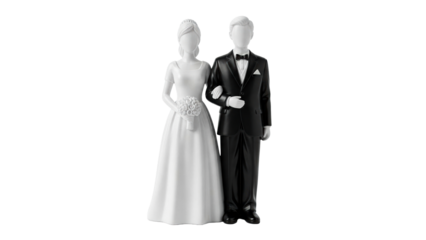 Elegant wedding couple figurines representing a bride in a flowing white gown and a groom in a classic black tuxedo, perfect for matrimonial celebration designs and event decoration graphics
