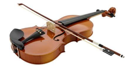 A classic wooden stringed instrument violin with a bow resting on its body, ideal for music education, classical performance, or concert hall promotional materials.