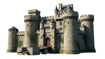 A grand medieval fortress with imposing stone walls, numerous defense towers, an arched entrance, and a sturdy wooden drawbridge, ideal for historical themes, architectural studies, or