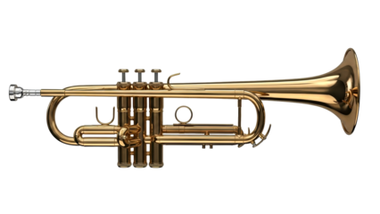 Shining golden brass trumpet, a sophisticated wind musical instrument ideal for use in professional orchestral performances, jazz concerts, or educational music marketing campaigns.