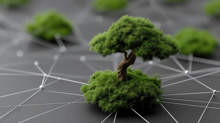 3d rendering of a network concept with a tree growing on a digital surface depicting global connections and data flow