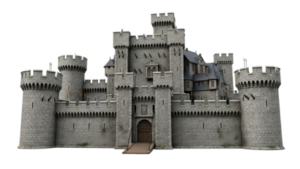 Grand medieval stone castle structure featuring multiple imposing towers, formidable walls, and a raised wooden drawbridge, excellent for historical reenactment visualizations and storybook