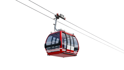 A sleek red cable car cabin suspended from robust overhead wires symbolizes modern alpine transportation and thrilling scenic journeys, ideal for promoting tourism, ski resorts, and