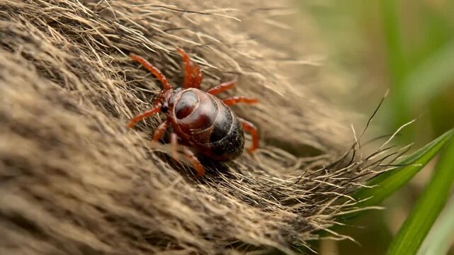 Close-up of a tick crawling on animal fur, a dangerous parasite in nature