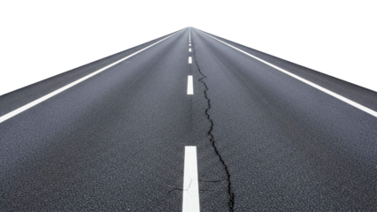 Long stretch of asphalt highway with clear white lines and a prominent crack running down the center creating a deep perspective for themes of travel challenge or future paths