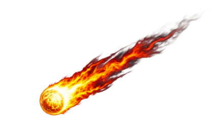 A brilliant burning meteor with a vibrant orange and red flame trail moves rapidly, ideal for dynamic visual effects, exciting video game assets, or energetic graphic compositions.