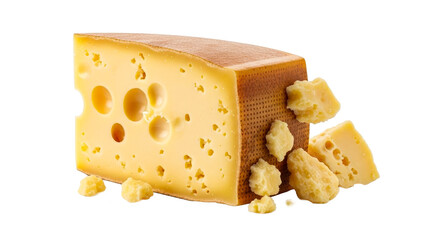 Delicious yellow cheese block with characteristic holes and crumbled pieces scattered around, perfect for food preparation, culinary recipes, and grocery store promotions